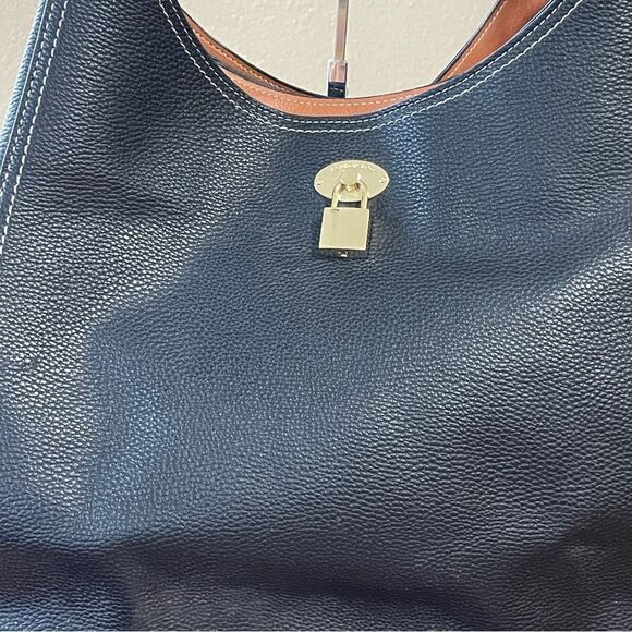 London Fog Textured Pebbled Leather Handbag Purse Black With White Stitching - Picture 3 of 14